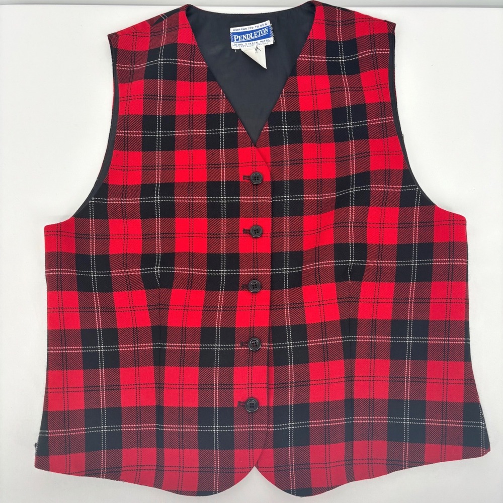 Pendleton Womens Red Black Plaid Wool Vest Size 10 Vintage Made in USA